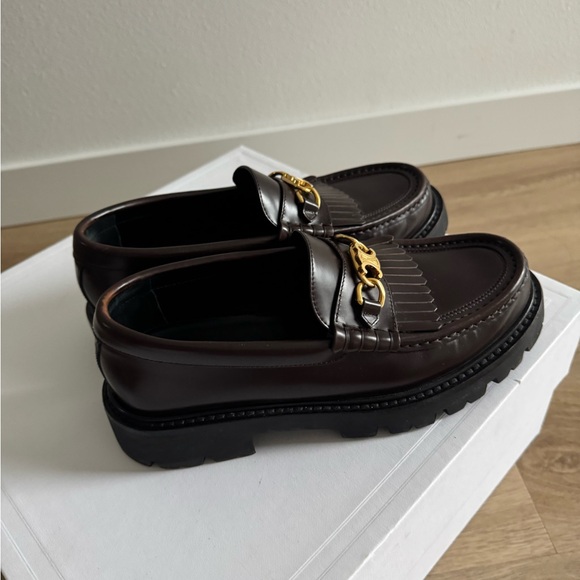 Celine Dark Brown Leather Kiltie Loafers with Gold Chain - Picture 7 of 9